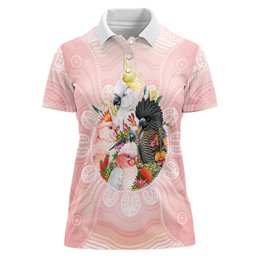 Australian Cockatoos Women Polo Shirt Flora Aboriginal Dot Art Pattern