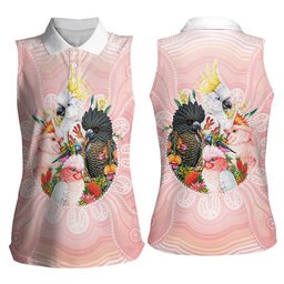 Australian Cockatoos Women Sleeveless Polo Shirt Flora Aboriginal Dot Art Pattern