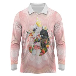 Australian Cockatoos Long Sleeve Polo Shirt Flora Aboriginal Dot Art Pattern