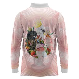 Australian Cockatoos Long Sleeve Polo Shirt Flora Aboriginal Dot Art Pattern