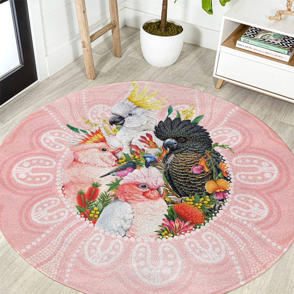 Australian Cockatoos Round Carpet Flora Aboriginal Dot Art Pattern