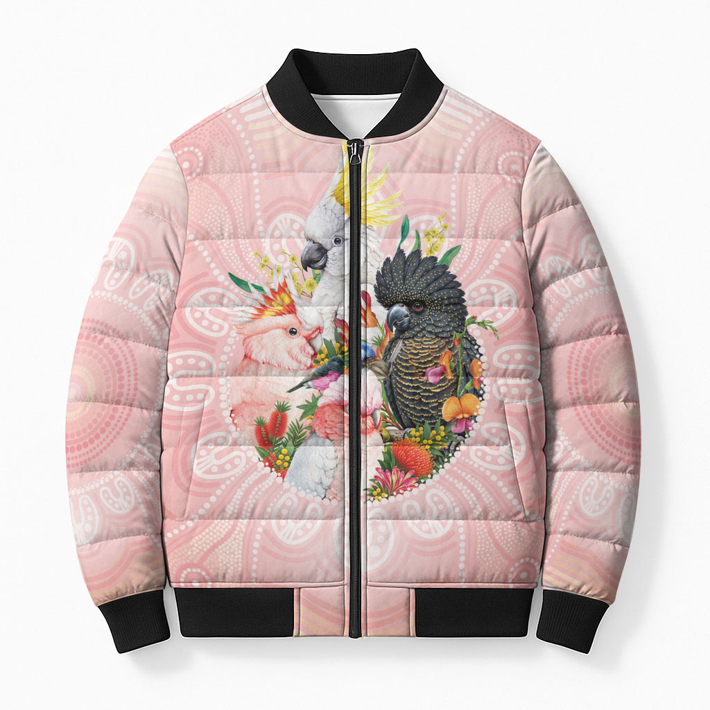Australian Cockatoos Bomber Puffer Jacket Flora Aboriginal Dot Art Pattern