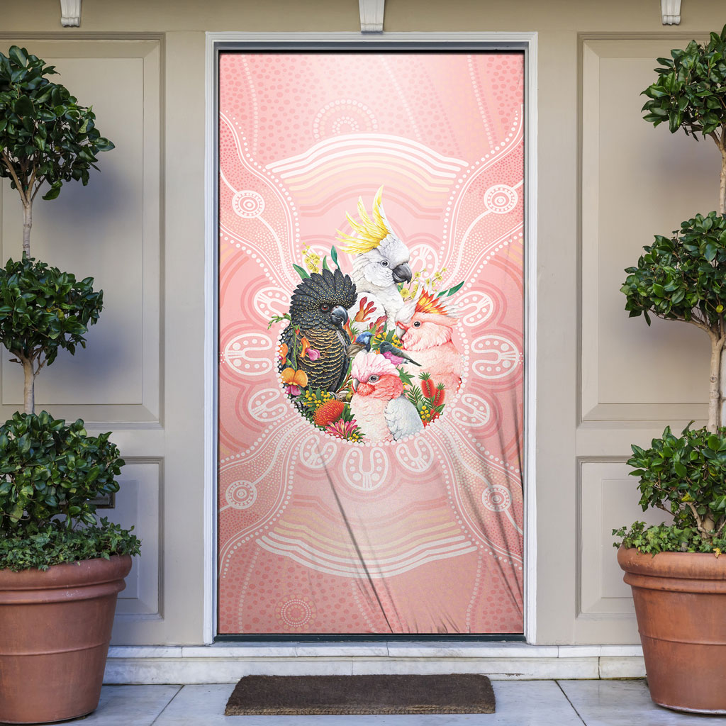 Australian Cockatoos Door Cover Flora Aboriginal Dot Art Pattern