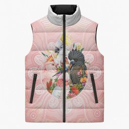 Australian Cockatoos Sleeveless Puffer Jacket Flora Aboriginal Dot Art Pattern