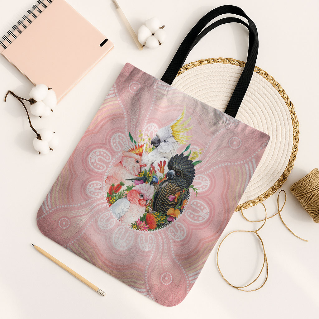 Australian Cockatoos Tote Bag Flora Aboriginal Dot Art Pattern
