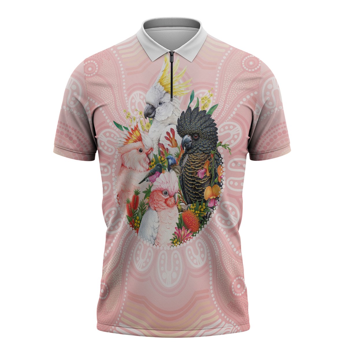 Australian Cockatoos Zipper Polo Shirt Flora Aboriginal Dot Art Pattern