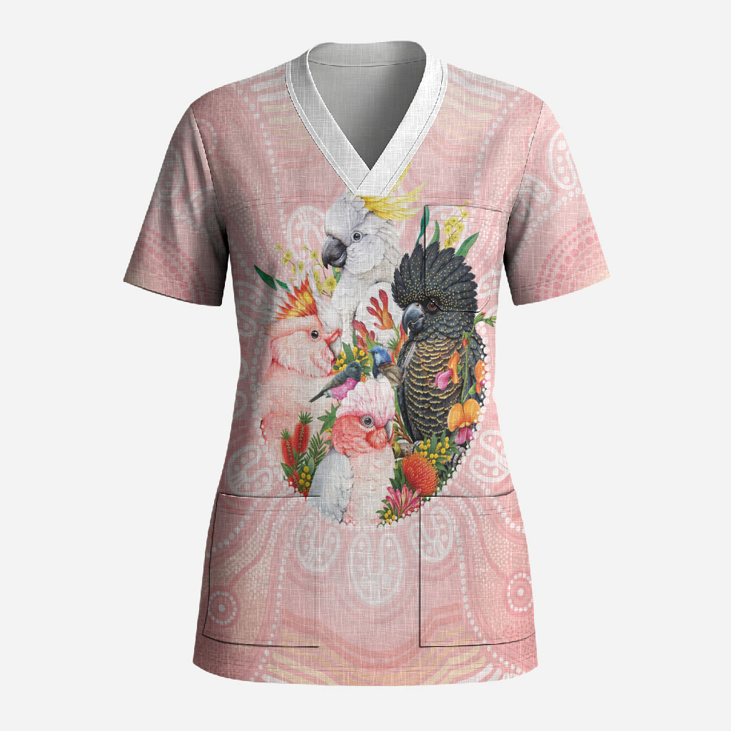 Australian Cockatoos Scrub Top Flora Aboriginal Dot Art Pattern
