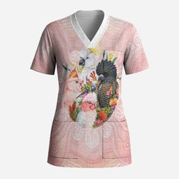 Australian Cockatoos Scrub Top Flora Aboriginal Dot Art Pattern