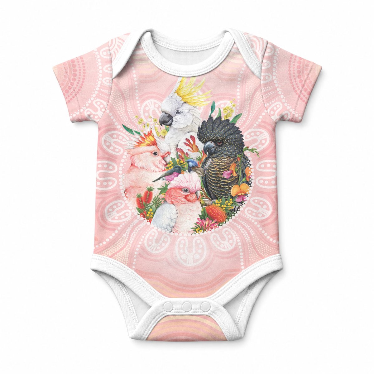Australian Cockatoos Baby Onesie Flora Aboriginal Dot Art Pattern