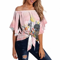 Australian Cockatoos Off Shoulder Wrap Waist Top Flora Aboriginal Dot Art Pattern