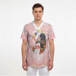 Australian Cockatoos Scrub Top Flora Aboriginal Dot Art Pattern