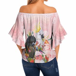 Australian Cockatoos Off Shoulder Wrap Waist Top Flora Aboriginal Dot Art Pattern