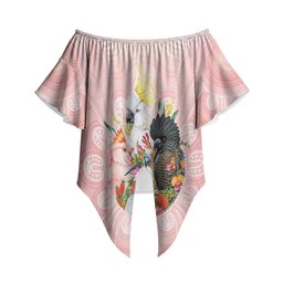 Australian Cockatoos Off Shoulder Wrap Waist Top Flora Aboriginal Dot Art Pattern