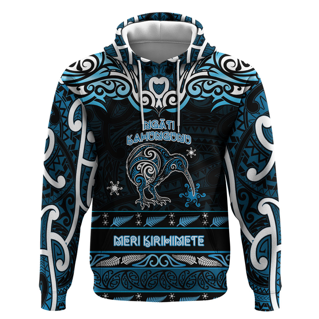 Personalised Ngati Kahungunu Aotearoa Meri Kirihimete Hoodie Maori Kiwi Bird Silver Fern Koru Pattern