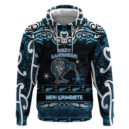 Personalised Ngati Kahungunu Aotearoa Meri Kirihimete Hoodie Maori Kiwi Bird Silver Fern Koru Pattern