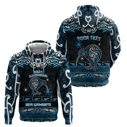 Personalised Ngati Kahungunu Aotearoa Meri Kirihimete Hoodie Maori Kiwi Bird Silver Fern Koru Pattern