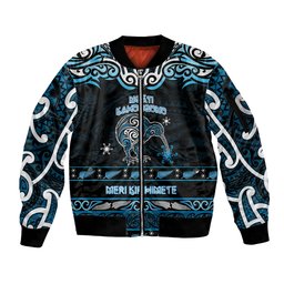 Personalised Ngati Kahungunu Aotearoa Meri Kirihimete Sleeve Zip Bomber Jacket Maori Kiwi Bird Silver Fern Koru Pattern