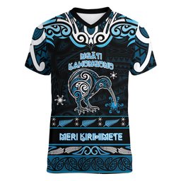 Personalised Ngati Kahungunu Aotearoa Meri Kirihimete Women V-Neck T-Shirt Maori Kiwi Bird Silver Fern Koru Pattern