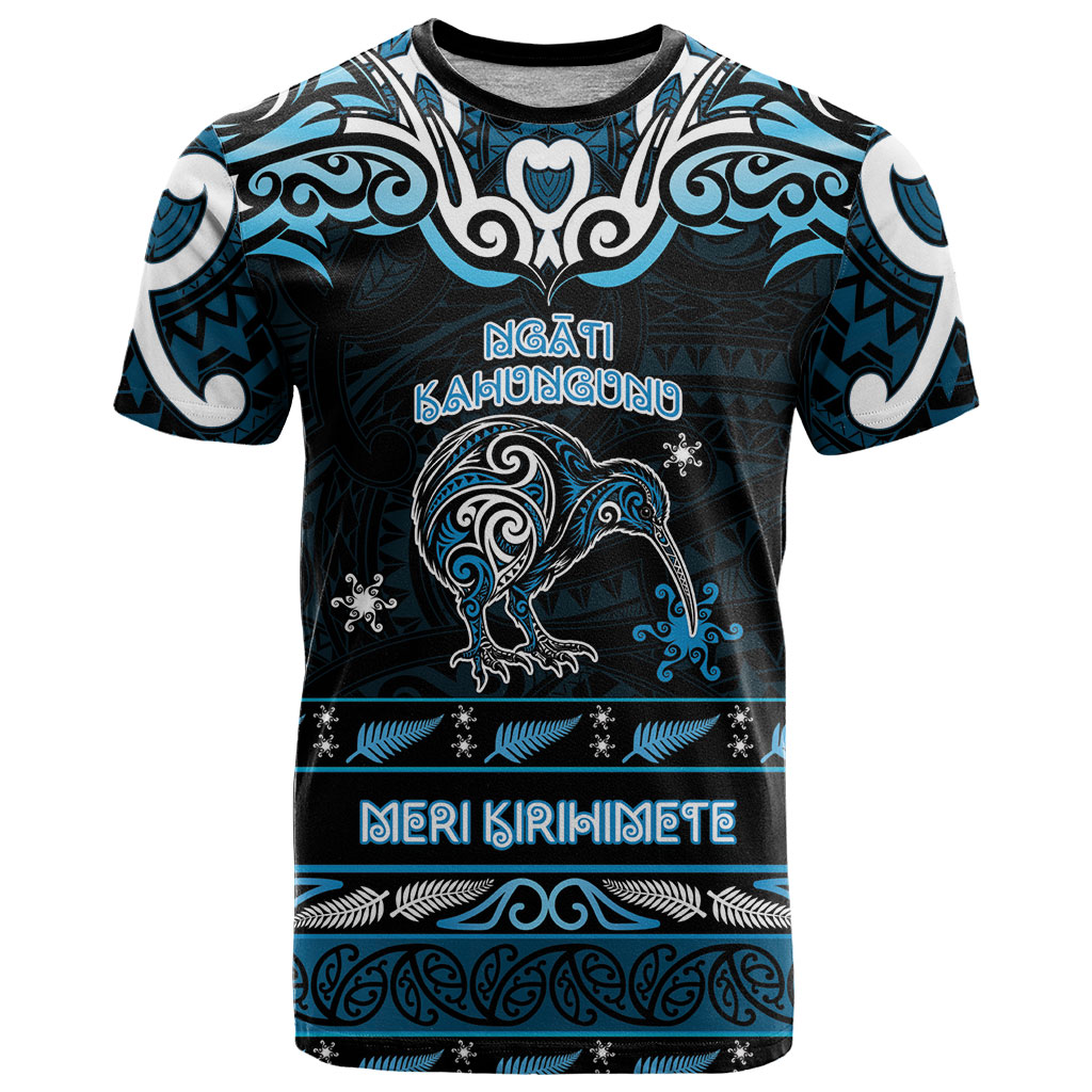 Personalised Ngati Kahungunu Aotearoa Meri Kirihimete T Shirt Maori Kiwi Bird Silver Fern Koru Pattern