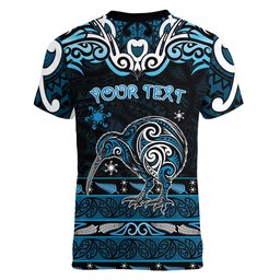 Personalised Ngati Kahungunu Aotearoa Meri Kirihimete Women V-Neck T-Shirt Maori Kiwi Bird Silver Fern Koru Pattern