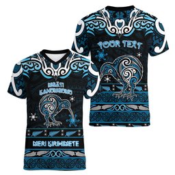 Personalised Ngati Kahungunu Aotearoa Meri Kirihimete Women V-Neck T-Shirt Maori Kiwi Bird Silver Fern Koru Pattern