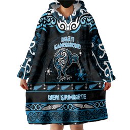 Personalised Ngati Kahungunu Aotearoa Meri Kirihimete Wearable Blanket Hoodie Maori Kiwi Bird Silver Fern Koru Pattern
