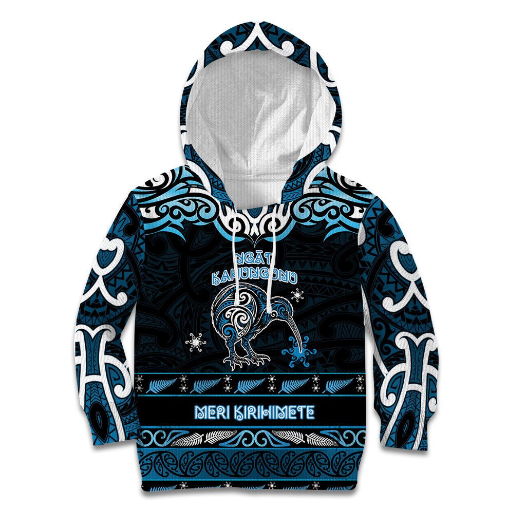 Personalised Ngati Kahungunu Aotearoa Meri Kirihimete Kid Hoodie Maori Kiwi Bird Silver Fern Koru Pattern