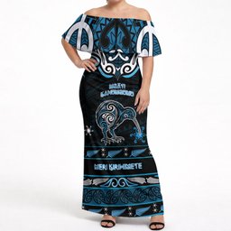Personalised Ngati Kahungunu Aotearoa Meri Kirihimete Off Shoulder Maxi Dress Maori Kiwi Bird Silver Fern Koru Pattern