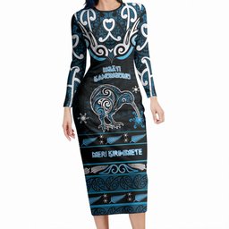 Personalised Ngati Kahungunu Aotearoa Meri Kirihimete Long Sleeve Bodycon Dress Maori Kiwi Bird Silver Fern Koru Pattern