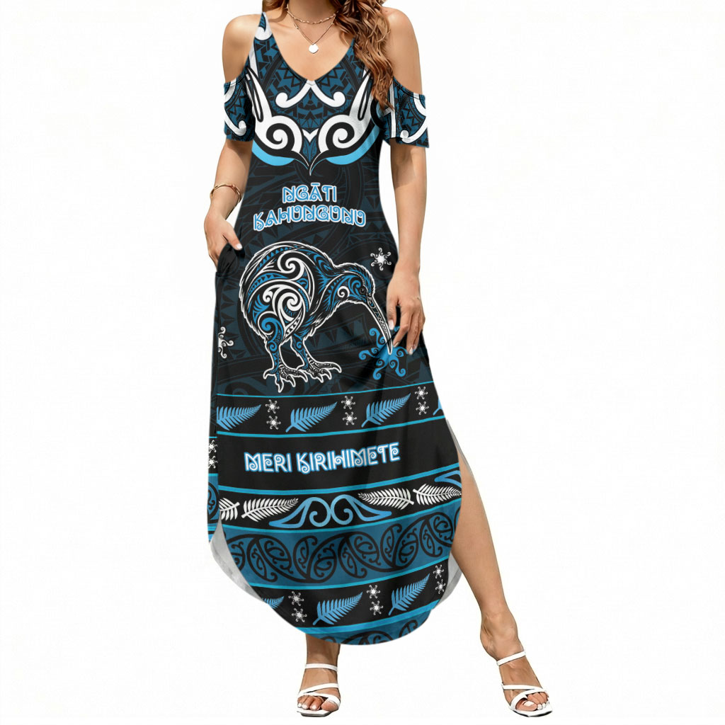 Personalised Ngati Kahungunu Aotearoa Meri Kirihimete Summer Maxi Dress Maori Kiwi Bird Silver Fern Koru Pattern