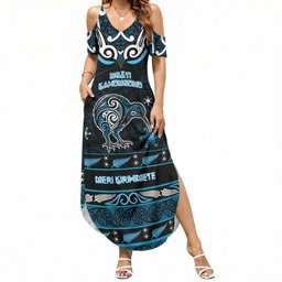 Personalised Ngati Kahungunu Aotearoa Meri Kirihimete Summer Maxi Dress Maori Kiwi Bird Silver Fern Koru Pattern