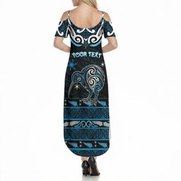 Personalised Ngati Kahungunu Aotearoa Meri Kirihimete Summer Maxi Dress Maori Kiwi Bird Silver Fern Koru Pattern