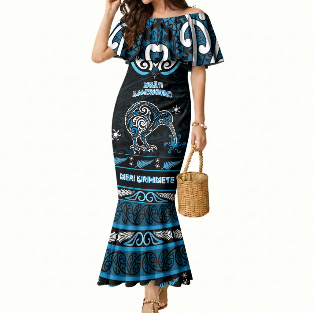 Personalised Ngati Kahungunu Aotearoa Meri Kirihimete Mermaid Dress Maori Kiwi Bird Silver Fern Koru Pattern