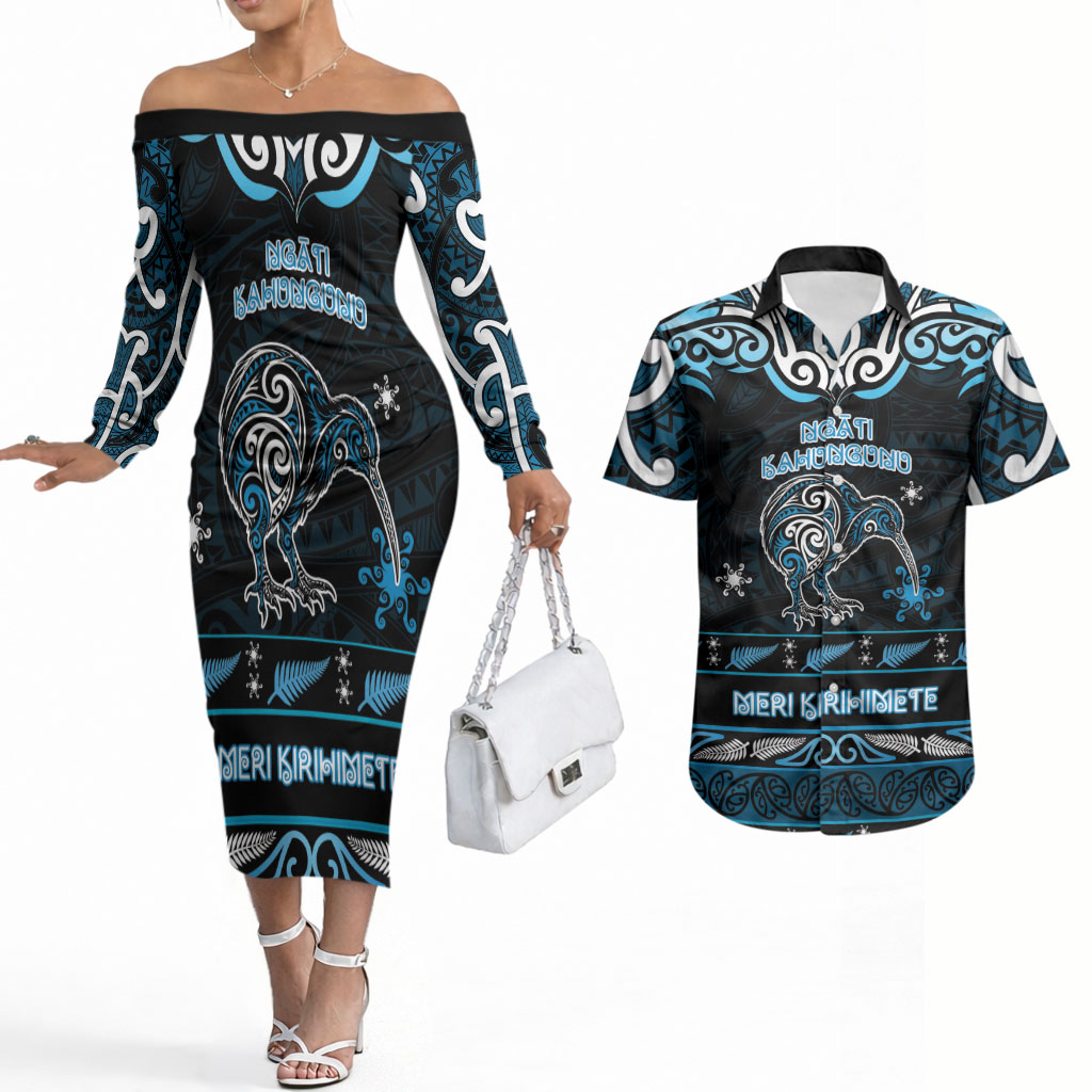 Personalised Ngati Kahungunu Aotearoa Meri Kirihimete Couples Matching Off The Shoulder Long Sleeve Dress and Hawaiian Shirt Maori Kiwi Bird Silver Fern Koru Pattern
