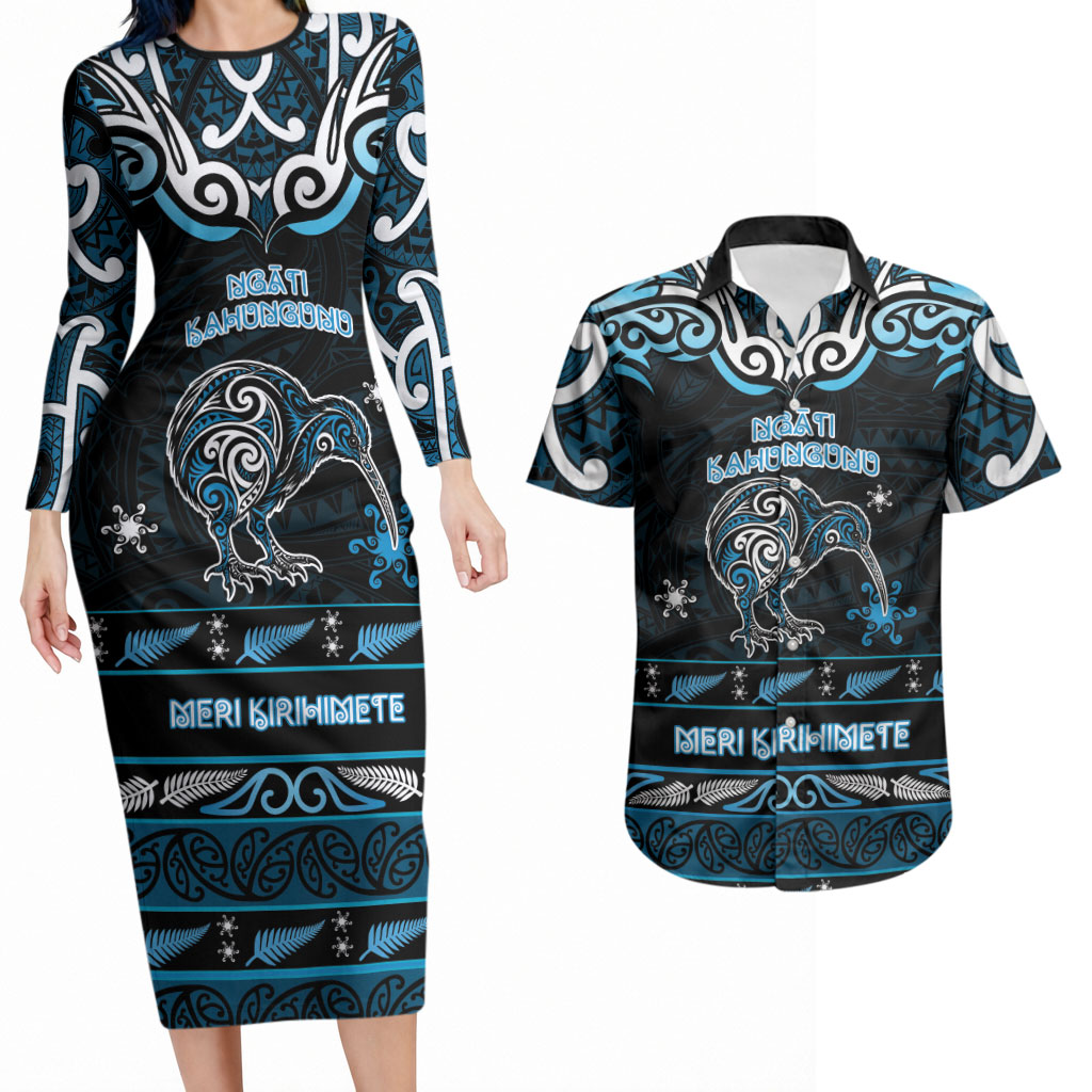 Personalised Ngati Kahungunu Aotearoa Meri Kirihimete Couples Matching Long Sleeve Bodycon Dress and Hawaiian Shirt Maori Kiwi Bird Silver Fern Koru Pattern