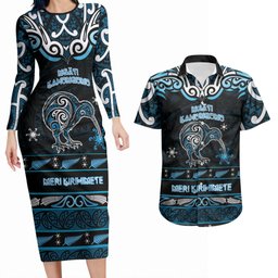 Personalised Ngati Kahungunu Aotearoa Meri Kirihimete Couples Matching Long Sleeve Bodycon Dress and Hawaiian Shirt Maori Kiwi Bird Silver Fern Koru Pattern