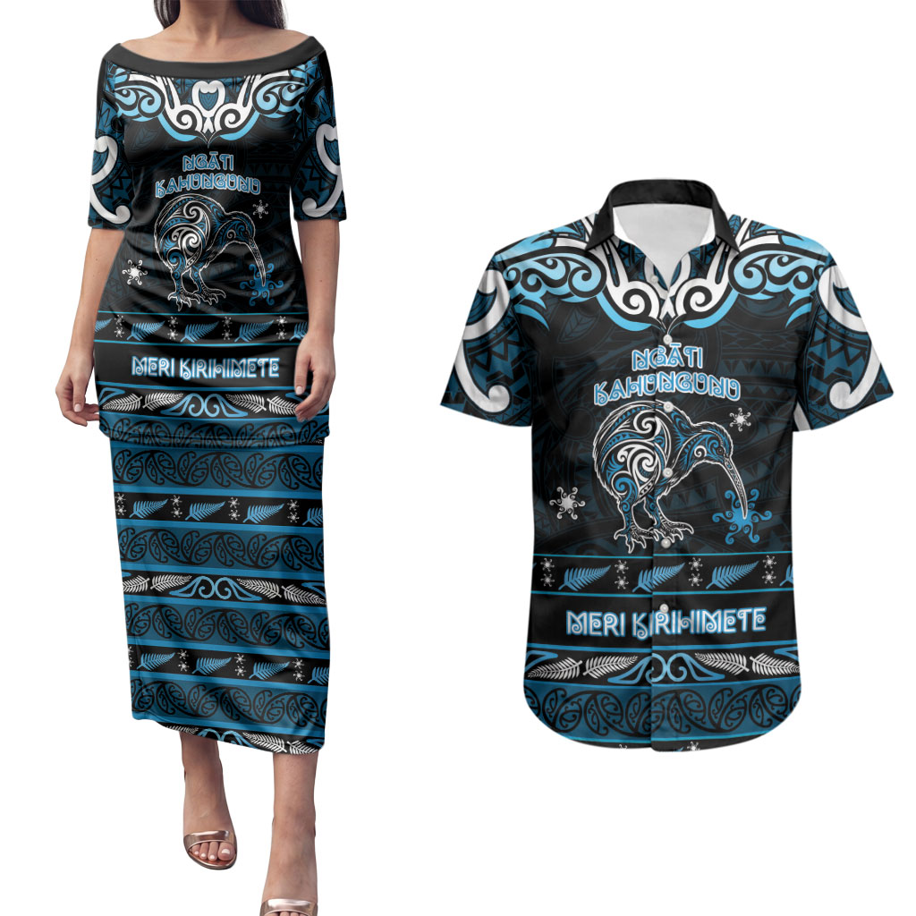Personalised Ngati Kahungunu Aotearoa Meri Kirihimete Couples Matching Puletasi and Hawaiian Shirt Maori Kiwi Bird Silver Fern Koru Pattern