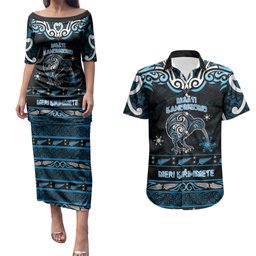 Personalised Ngati Kahungunu Aotearoa Meri Kirihimete Couples Matching Puletasi and Hawaiian Shirt Maori Kiwi Bird Silver Fern Koru Pattern