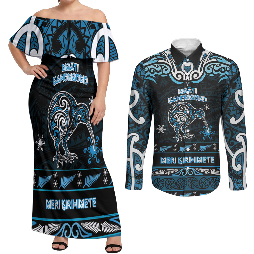 Personalised Ngati Kahungunu Aotearoa Meri Kirihimete Couples Matching Off Shoulder Maxi Dress and Long Sleeve Button Shirt Maori Kiwi Bird Silver Fern Koru Pattern