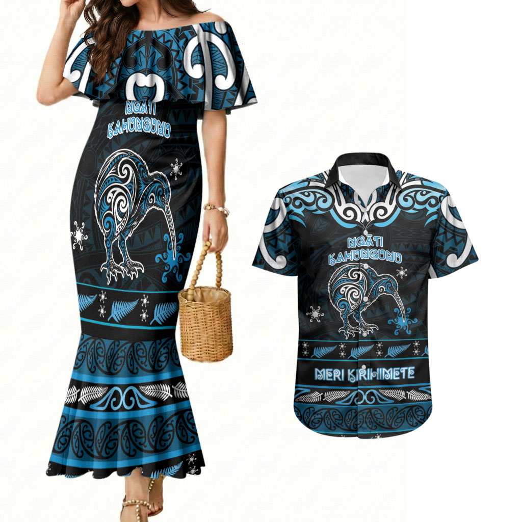 Personalised Ngati Kahungunu Aotearoa Meri Kirihimete Couples Matching Mermaid Dress and Hawaiian Shirt Maori Kiwi Bird Silver Fern Koru Pattern