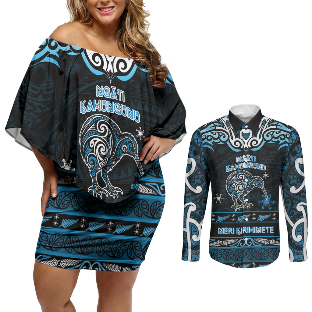 Personalised Ngati Kahungunu Aotearoa Meri Kirihimete Couples Matching Off Shoulder Short Dress and Long Sleeve Button Shirt Maori Kiwi Bird Silver Fern Koru Pattern