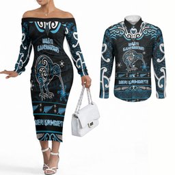 Personalised Ngati Kahungunu Aotearoa Meri Kirihimete Couples Matching Off The Shoulder Long Sleeve Dress and Long Sleeve Button Shirt Maori Kiwi Bird Silver Fern Koru Pattern