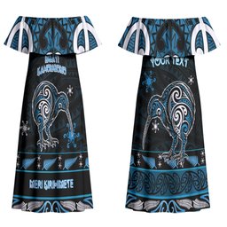 Personalised Ngati Kahungunu Aotearoa Meri Kirihimete Couples Matching Off Shoulder Maxi Dress and Long Sleeve Button Shirt Maori Kiwi Bird Silver Fern Koru Pattern