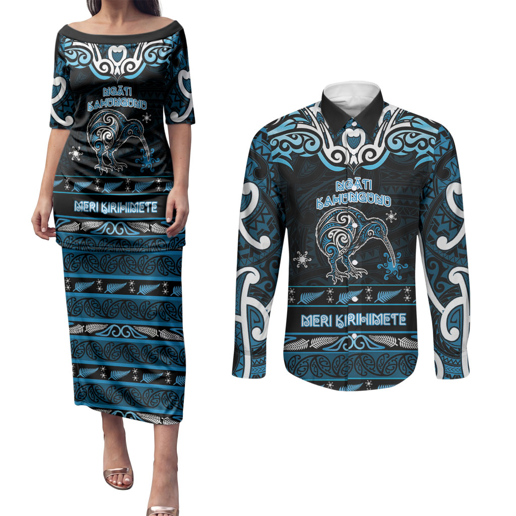 Personalised Ngati Kahungunu Aotearoa Meri Kirihimete Couples Matching Puletasi and Long Sleeve Button Shirt Maori Kiwi Bird Silver Fern Koru Pattern
