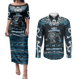 Personalised Ngati Kahungunu Aotearoa Meri Kirihimete Couples Matching Puletasi and Long Sleeve Button Shirt Maori Kiwi Bird Silver Fern Koru Pattern