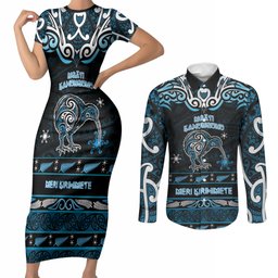 Personalised Ngati Kahungunu Aotearoa Meri Kirihimete Couples Matching Short Sleeve Bodycon Dress and Long Sleeve Button Shirt Maori Kiwi Bird Silver Fern Koru Pattern