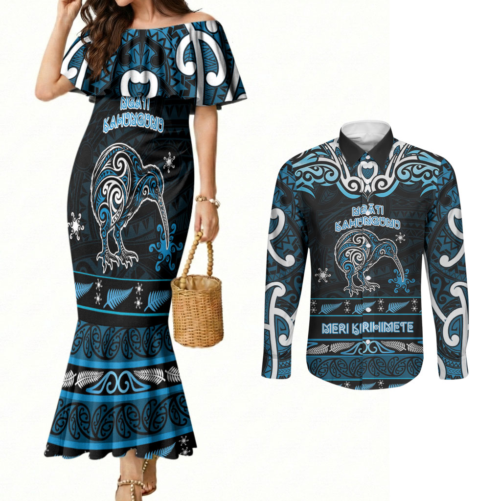 Personalised Ngati Kahungunu Aotearoa Meri Kirihimete Couples Matching Mermaid Dress and Long Sleeve Button Shirt Maori Kiwi Bird Silver Fern Koru Pattern
