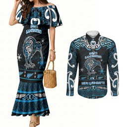 Personalised Ngati Kahungunu Aotearoa Meri Kirihimete Couples Matching Mermaid Dress and Long Sleeve Button Shirt Maori Kiwi Bird Silver Fern Koru Pattern