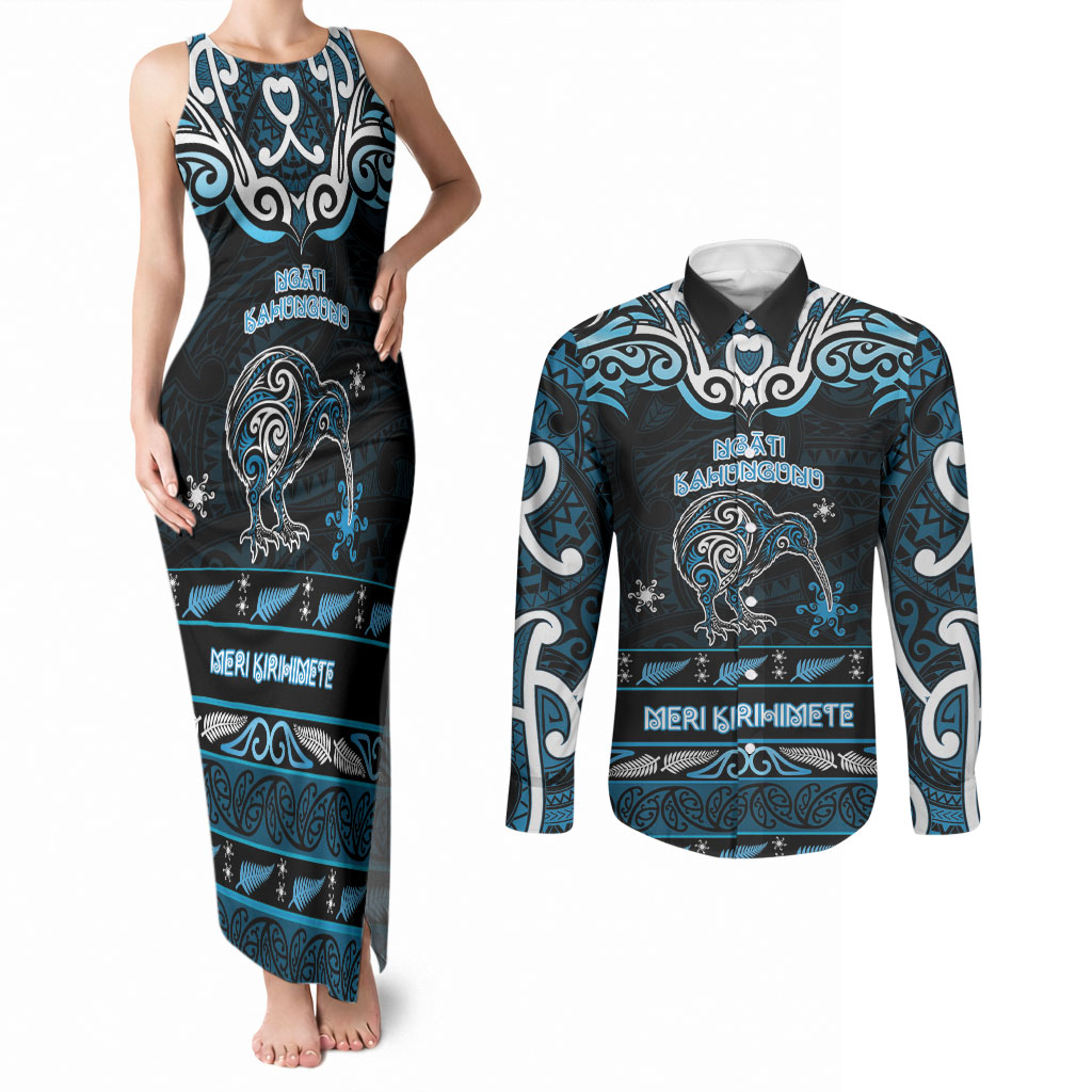 Personalised Ngati Kahungunu Aotearoa Meri Kirihimete Couples Matching Tank Maxi Dress and Long Sleeve Button Shirt Maori Kiwi Bird Silver Fern Koru Pattern