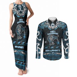Personalised Ngati Kahungunu Aotearoa Meri Kirihimete Couples Matching Tank Maxi Dress and Long Sleeve Button Shirt Maori Kiwi Bird Silver Fern Koru Pattern